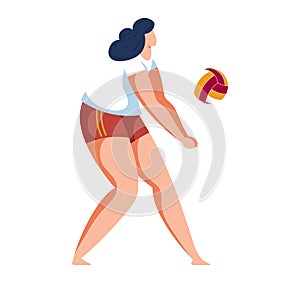 Female volleyball player hitting ball, athlete in action, sports uniform. Competitive beach volleyball game vector