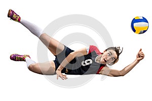 Female volleyball player reaching the ball on the ground isolated