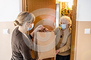 Female volunteer delivering bags with shopping to elderly woman