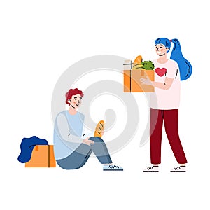 Female volunteer donate food to homeless poor man a vector illustration.