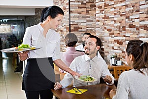 Female waiter bringing order to visitors in country restaurant