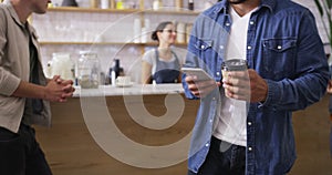 Female waitress, coffee shop and waiter serving customer with takeaway cup and smartphone. Service, business owner and