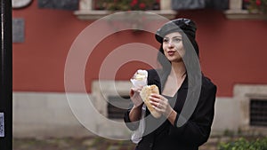 female walker, loaf munching, casual dining