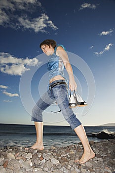 Female walking barefoot