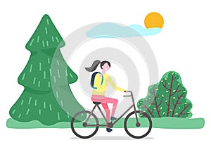 Female Walking on Bicycle in Summer Park Vector