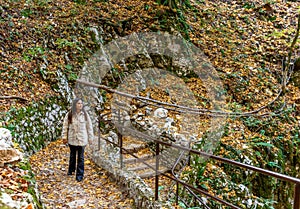 Female walking on a path covered in autumn dry and colorful leaves at Plitvice Lakes national park