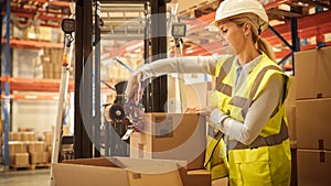 Female Warehouse Inventory Manager Finishes Packing Cardboard Box Closing it and Sealing with Tape