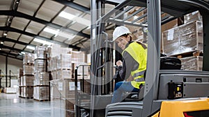 Female warehouse worker driving forklift. Warehouse worker preparing products for shipmennt, delivery, checking stock in