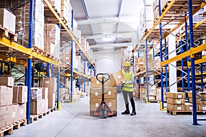 Female warehouse worker loading or unloading boxes.