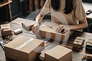 A Female Warehouse Worker Preparing Packages And Packing Boxes For Courier Delivery Service, Shipping Logistics Concept -