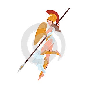 Female warrior, Greek goddess, Amazon or gladiator. Woman holding spear and shield isolated on white background