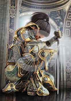 Female warrior knight kneeling proudly wearing decorative ornamental armor.