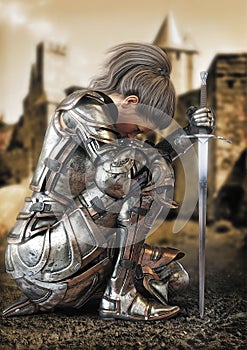 Female warrior knight kneeling wearing decorative metal armor with a castle in the background. photo