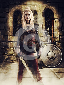Female warrior in a medieval armory