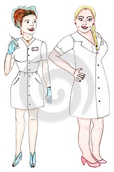 Female watercolor nurse with syringe and doctor in white uniform