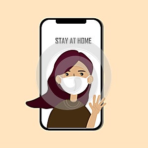 Female wear face mask tell everybody to stay at home, home screen mobile phone avatar. girl in phone.