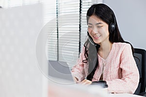 Female wear headset operator worker call center hotline. woman working customer support service operator.