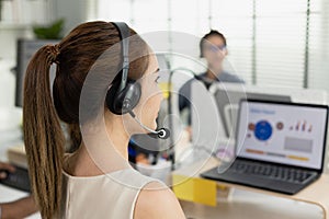 Female wear headset operator worker call center hotline. woman working customer support service operator. communication in