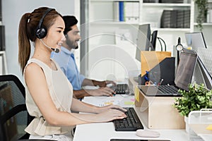 Female wear headset operator worker call center hotline. woman working customer support service operator. communication in