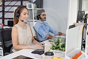 Female wear headset operator worker call center hotline. woman working customer support service operator. communication in