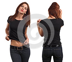 female wearing blank black shirt