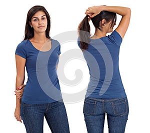 Female wearing blank blue shirt