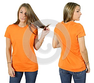Female wearing blank orange shirt