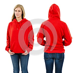 Female wearing blank red hoodie