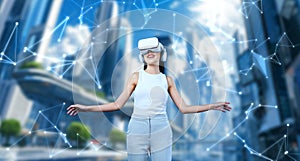 Female wearing white VR headset enjoy fantasy building in meta. Hallucination.