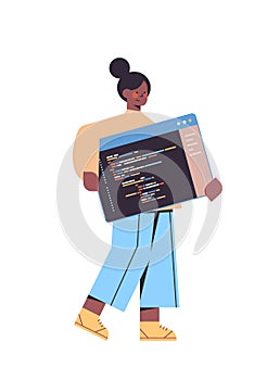 Female web developer creating program code development of software and programming concept
