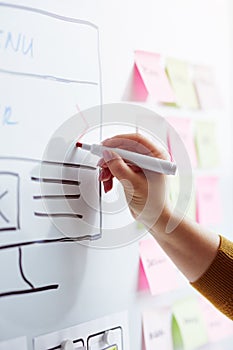 Female web developer with red marker planning website