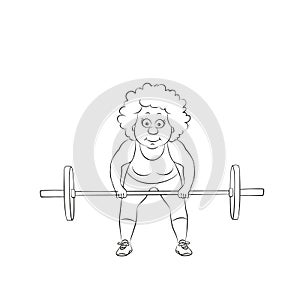 Female weightlifter vector illustration, linear silhouette on a white background. Old woman lifting weights, doing sit ups with