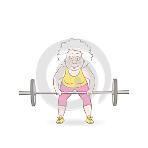 Female weightlifter vector illustration. Old woman lifting weights, doing sit ups with barbell cartoon character