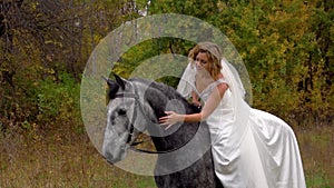 Female in white wedding dress is stroking horse. Close up