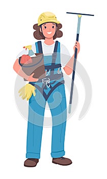 Female window cleaner semi flat color vector character