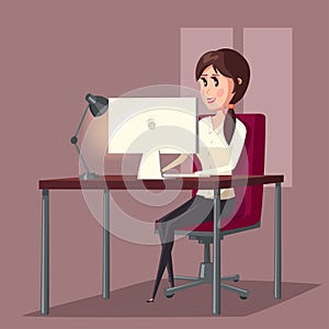 Female or woman at computer in room or home. Girl sitting on chair and working or web surfing in front of LCD display