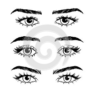 Female woman eyes and brows image collection set.