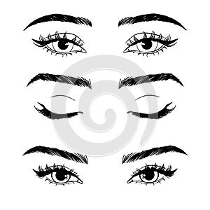 Female woman eyes and brows image collection set.