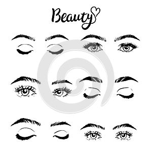 Female woman eyes and brows image collection set. Fashion girl eyes design.