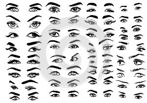 Female woman eyes and brows image collection set. Fashion girl eyes design. Vector illustration