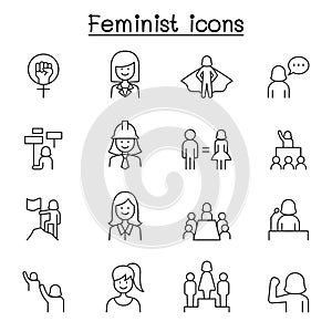 Female, woman, feminist, womenâ€™s day icons set in thin line style