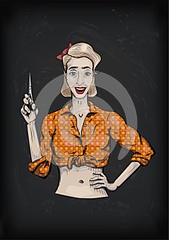 Female woman girl lady hairdresser, barber with scissors, shear, beautiful worker people portrait. Vector nice retro vertical photo