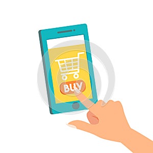 Female woman hand finger pointing or press on buy button on the screen mobile shopping