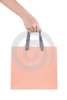 A female(woman) hand hold a pink shopping bag(paper bag) at the