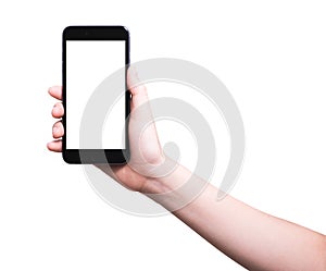 Female woman hand holding modern smartphone mobile