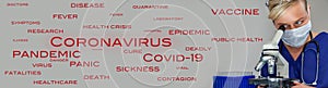 Female Woman Scientist in Laboratory Web Banner Coronavirus Text