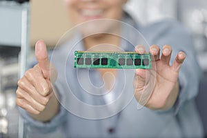 Female woman working with electronics