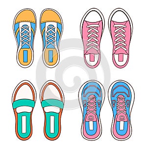 Female, women sneakers set in cartoon style. Hand drawn casual shoes icon. Vector illustration isolated on a white