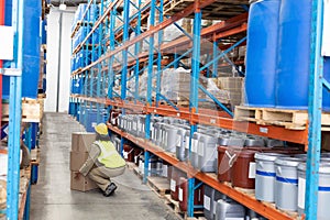 Female worker carrying cardboard boxes in warehouse
