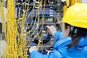 The female worker connects the network cable to the switch
